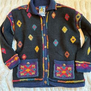 Vintage Newari Colorful Diamond 100% Wool Sweater Jacket Made in Nepal Size L/XL